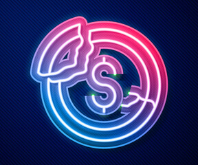 Glowing neon line Dollar rate decrease icon isolated on blue background. Cost reduction. Money symbol with down arrow. Business lost crisis decrease. Vector