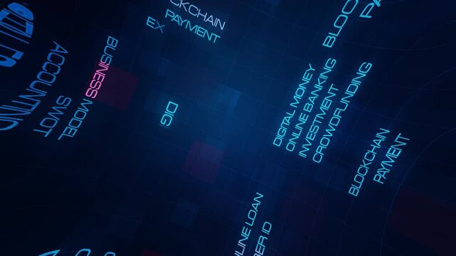 Fintech financial technology animated word cloud, text design animation. 4K 3D rendering kinetic typography. FINTECH Business tag cloud concept background, DEFI, block chain, payment, online banking. 