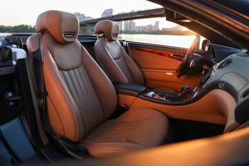 Closeup view of luxury convertible car interior - obrazy, fototapety, plakaty