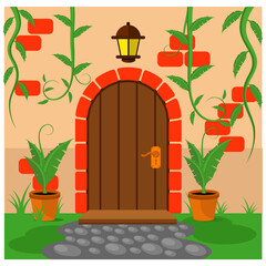 Obraz premium Entrance door and wall with plants. Vector illustration on the theme of exterior and architecture.