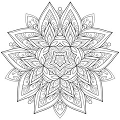 Decorative floral mandala with round and lined patterns on a white isolated background. For coloring book pages.