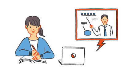 パソコンでオンライン授業を受ける女の子