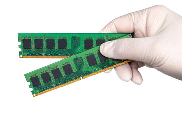holding ram memory wearing white gloves on white background