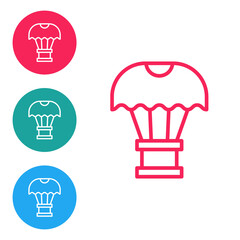 Red line Box flying on parachute icon isolated on white background. Parcel with parachute for shipping. Delivery service, air shipping. Set icons in circle buttons. Vector