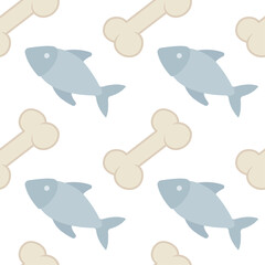 Bones and fish seamless background. Hand drawn cartoon style bones and fish endless texture. Pet food pattern. Part of set.