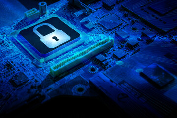 Processor chip. Network security technology with computer processor chip on digital motherboard background. Internet business and networking concept.