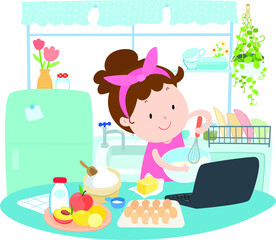 Happy woman is cooking food in her kitchen 
by using recipe from the internet vector illustration.
Learning cooking online from home. 
