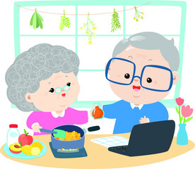 Happy elderly are cooking food in kitchen 
by using recipe from the internet vector illustration.
Learning cooking online from home. 