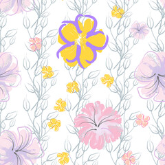 Pink Flowers Blooming Pattern. Pastel Watercolor.