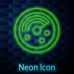 Glowing neon line Radar with targets on monitor in searching icon isolated on brick wall background. Search system. Navy sonar. Vector