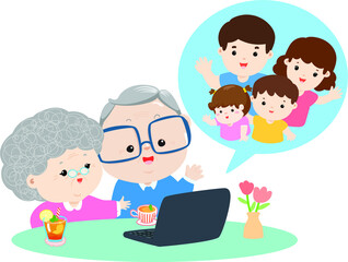 Happy family video call vector illustration.
Family video call. online communication with grandparents. Happy family vector illustration. 
grandmother, grandfather, daughter. Online call communication