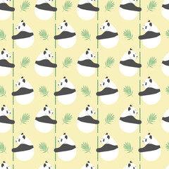 vector seamless pattern, panda sits and holds bamboo in its paw, leaves, for print, bed, decor