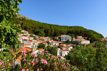 View of the village of Samothrace at the foot of the mountain on the Greek island of the same name...
