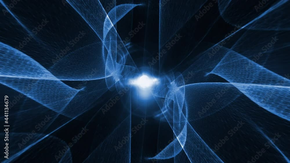 Poster abstract blue wire mesh with center flare light space background, geometry surfaces wave lines anima