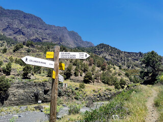 Hiking trail sign in the national park "Caldera de Taburiente" on the island of La Palma, Canaries, Spain