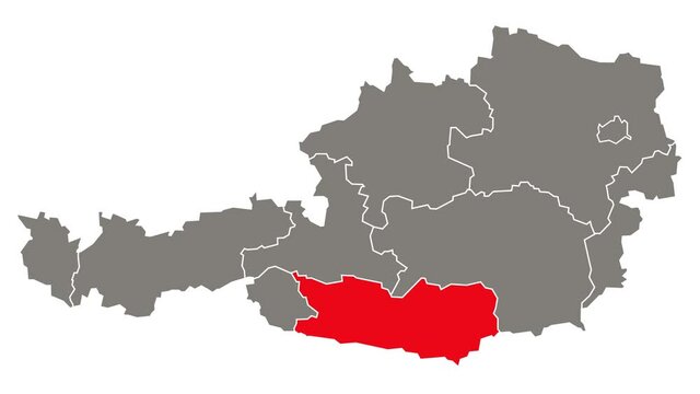 Carinthia federal state blinking red highlighted in map of Austria