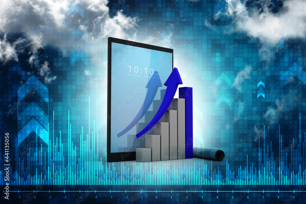 Poster 3d illustration of data sheet on a tablet pc. sales growth report or analytics investigation, booste