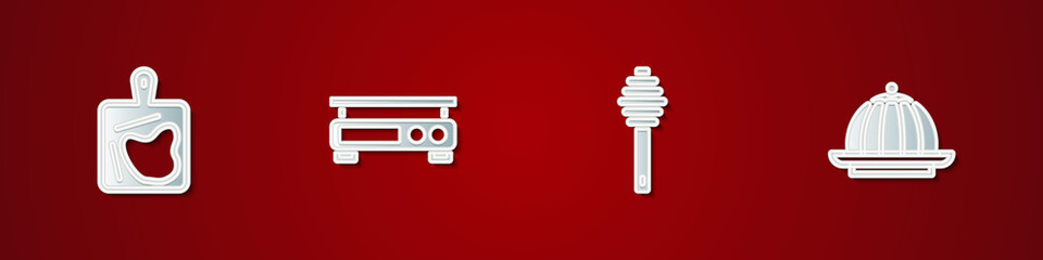 Set Cutting board, Electronic scales, Honey dipper stick and Pudding custard icon. Vector