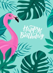 Obraz premium Happy Birthday hand lettering text. Cute vector illustration with tropic leaves for poster, greeting card, banner template.