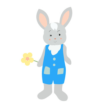 A gray bunny in a blue jumpsuit.