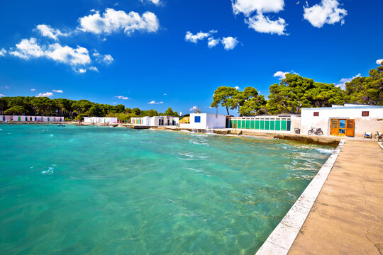 Jadrija beach and colorful cabins view, tourist destination in Sibenik