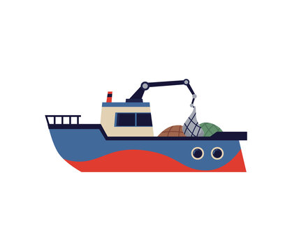 Fishing trawler boat or ship with winch flat vector illustration isolated