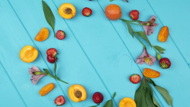 fruits on blue wooden table. Top view. place for logo