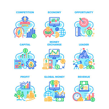 Finance Capital Set Icons Vector Illustrations. Finance Capital And Money Exchange, Global Economy And Profit, Revenue And Opportunity. Leader Target And Competition Color Illustrations