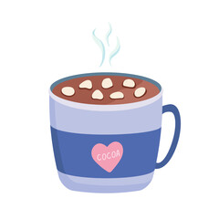 Hot chocolate. Decorative vector illustration blue cup with cocoa and marshmallows. Isolated vector illustration.
