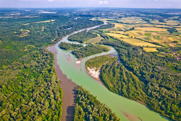 Aerial view of Drava and Mura rivers mouth, Podravina region of Croatia - obrazy, fototapety, plakaty