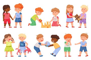 Kids good and bad behavior. Friends sharing toys, playing together, holding hands. Angry children fighting, bullying friend cartoon vector set. Smiling boys and girls, aggressive relationships