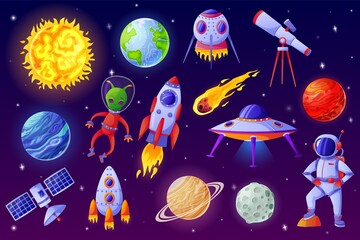 Cartoon space elements. Alien, ufo spaceship, rocket, astronaut, asteroid, satellite, telescope. Colorful universe cosmic element vector set. Fantastic flying cosmic objects for exploration © Frogella.stock