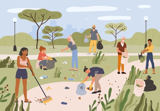 People collecting garbage in city park. Men and women volunteers cleaning park together from trash and plastic waste flat vector illustration. Activists team gathering litter into bags