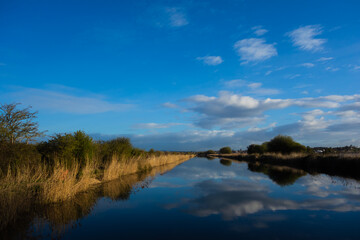 Fototapeta na wymiar Exeter Ship Canal at Topsham with a few clouds reflected in the still water and a clear blue sky