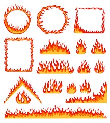 Cartoon fire frame. Red hot burning circle and rectangular frames. Horizontal flame border, campfire, blazing fire line effect vector set. Geometric flammable shapes as circle triangle © Frogella.stock