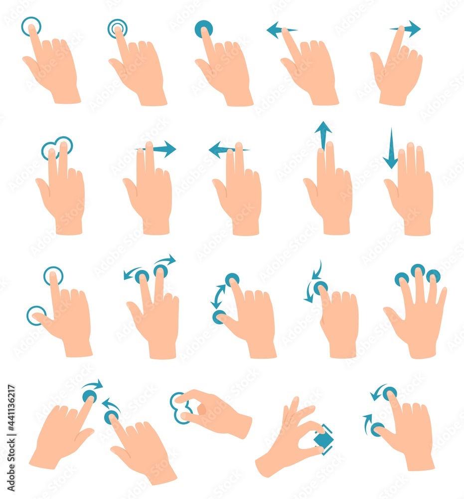 Poster touch screen gestures. tablet or smartphone hand gesture swipe, touch, click, zoom. cartoon touchscr