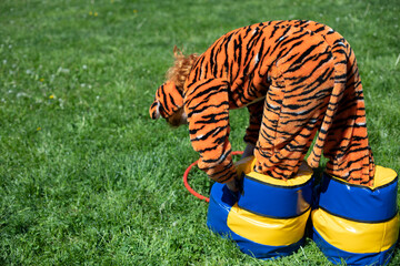 A girl dressed as a tiger. Animator at the party. Fun for children.