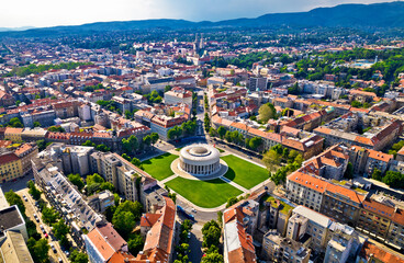 Zagreb aerial. The Mestrovic pavillion and town of Zagreb aerial view