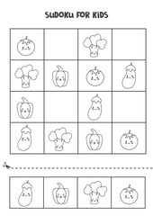 Sudoku game for kids with cute black and white cute vegetables.