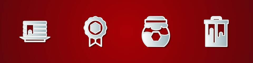 Set Stack of pancakes, Honey medal, Jar honey and Honeycomb icon. Vector