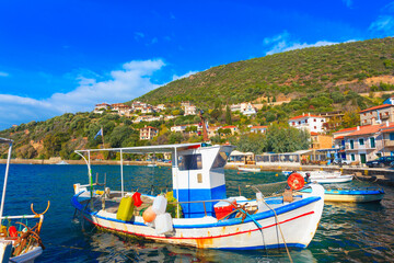 Fototapeta na wymiar Greece Monastiraki in Nafpactos, Traditional fishing boats in Central Greece