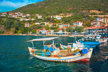 Fototapeta na wymiar Greece Monastiraki, Traditional fishing boats in Central Greece at Nafpacto