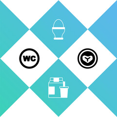 Set Toilet, Online ordering and delivery, Chicken egg on stand and Steak meat plate icon. Vector
