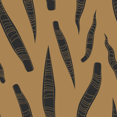 Simple minimal black snake plant leaves tropical seamless pattern. Brown background. Flat style striped jungle foliage modern texture. Stock vector illustration.