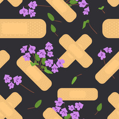 Seamless pattern with sticking plasters and purple flowers. Medical patch repeat texture. On black background. Stock vector illustration.