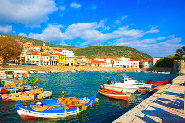 Fototapeta na wymiar Greece, traditional fishing boats in main port of Nafpactos in Central Greece