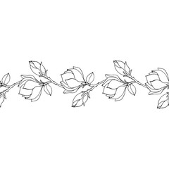 Decorative seamless border of magnolia branches with flowers and buds.  Linear outline drawing. 
