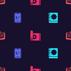 Set Holy book of Koran, Star and crescent, Traditional carpet and on seamless pattern. Vector