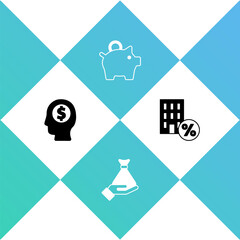 Set Business man planning mind, Money hand, Piggy bank and House with percant discount icon. Vector