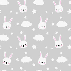 Seamless childish pattern with cute rabbits, clouds, stars. Baby texture for fabric, wrapping, textile, wallpaper, clothing. Vector illustration